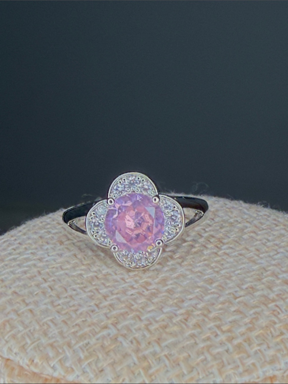 Pink Floral Halo Ring - Silver Tone Sz 7 adjustable